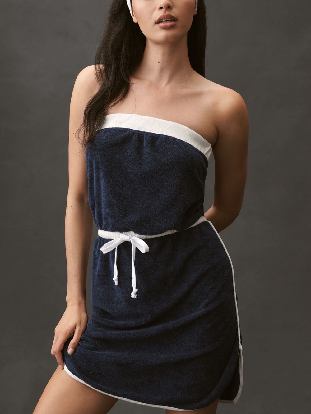 Anthropologie Strapless Navy and White Terrycloth Dress